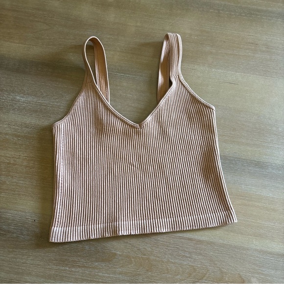 Bella Seamless Tops - Bella Seamless tan ribbed crop halter top, S